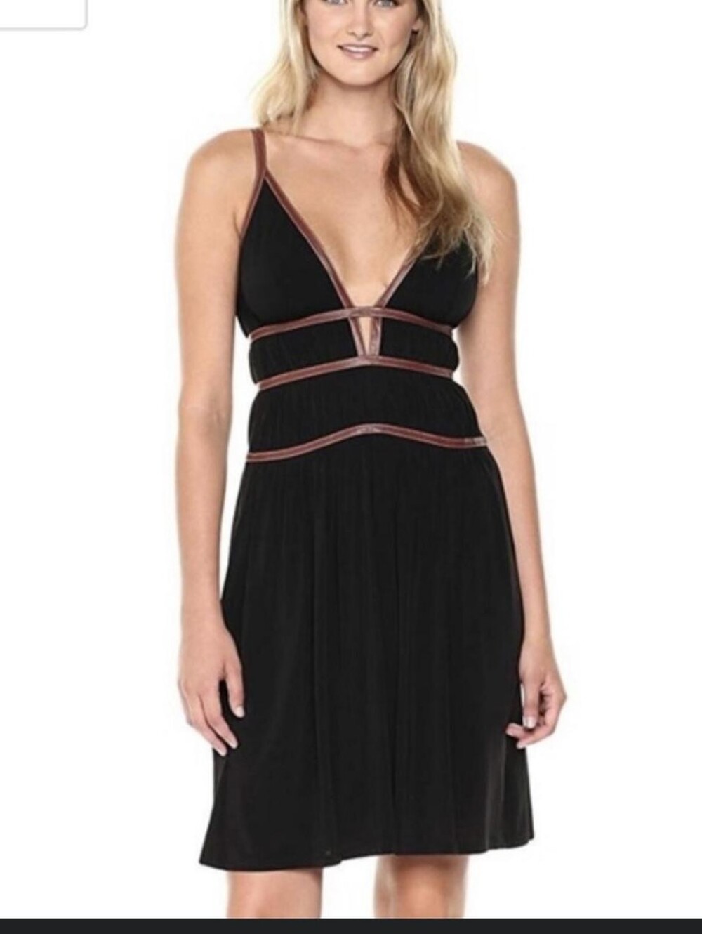 NWT BCBG MaxAzria Revolve Lillie Black Leather Trim V-neck Pleat Mini Dress Sz 6